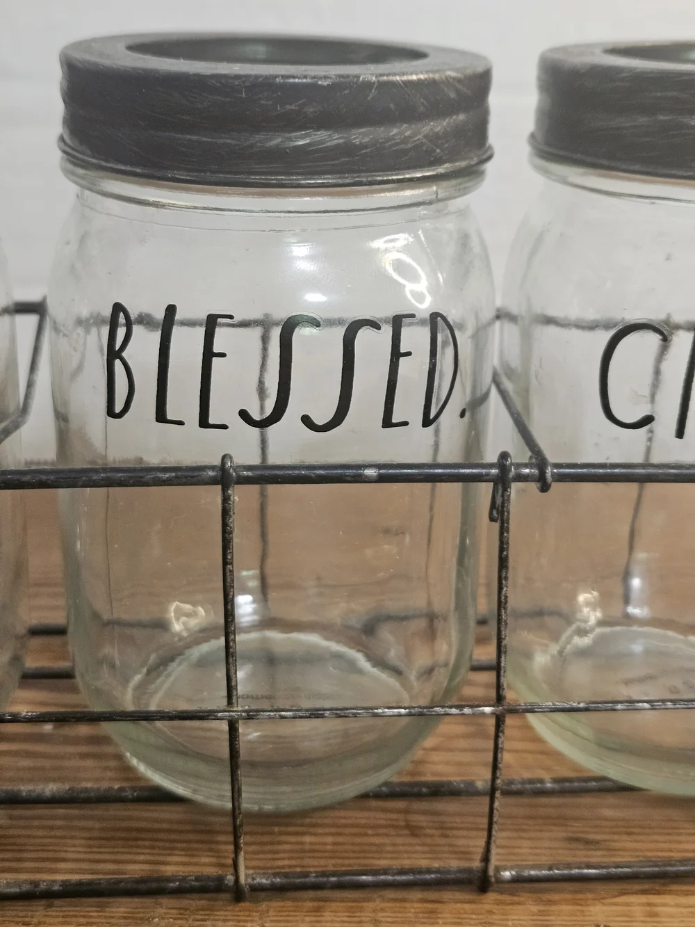 Rae Dunn Set of 3 Glass Jars in Wire Caddy - 